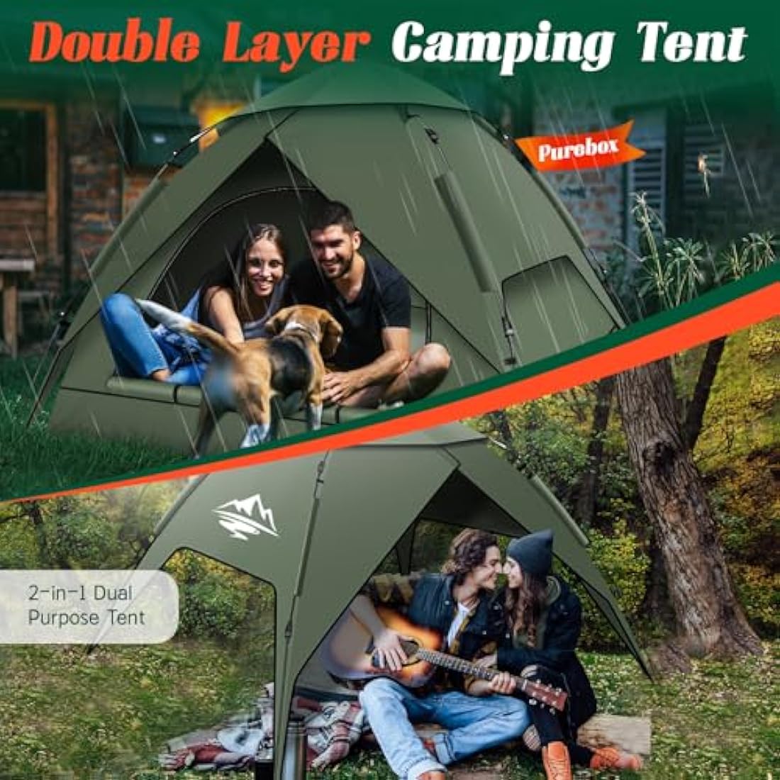 2-3 Man Tent, Pop Up Camping Tent Waterproof, Double Layer Dome Tents with Removable Outer Tarp, Pop Up Tents for Hiking, Outdoor, Backpacking