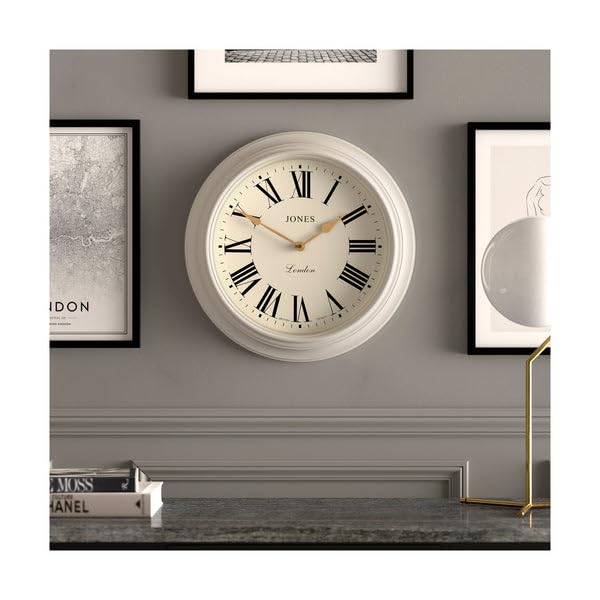 Jones Clocks Supper Club wall clock | Large classic round clock | 40cm | Very pale grey | Roman numerals |Traditional design ideal for kitchen or