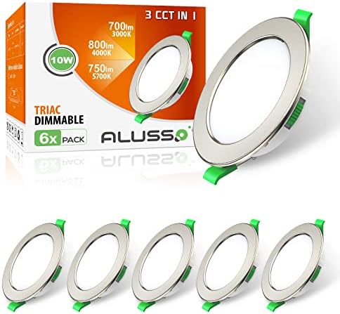 ALUSSO LED Recessed Ceiling Spot Lights Dimmable, 10W IP44 Ultra Slim Downlights 230V 800LM, Warm White 3000K Neutral White 4000K Cool White 6500K Adjustable Lights for Living Room Bathroom, 6 Pack