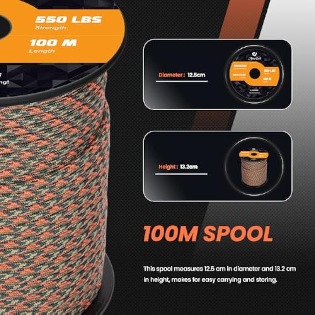 Abma Cord Paracord 550 4mm 100m 100% Nylon Rope Type III 7 Strands Parachute Cord for DIY, Camping, Survival, Outdoor - Max. 250kg - Blitz