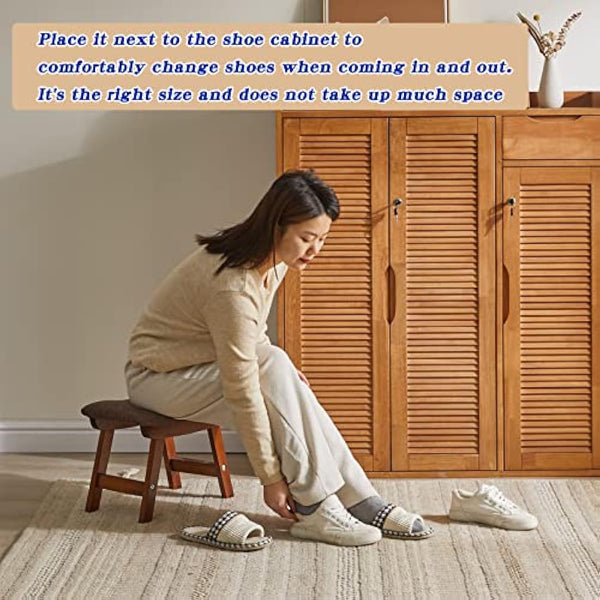 Aibiju Wooden Footstool, Foot Stool Ottoman Padded Chair Stool with Removable Cover 4 Beech Legs Suitable for Bedroom, Living Room and Kitchen, (Brown leg+ Brown cushion), YDEU-1359