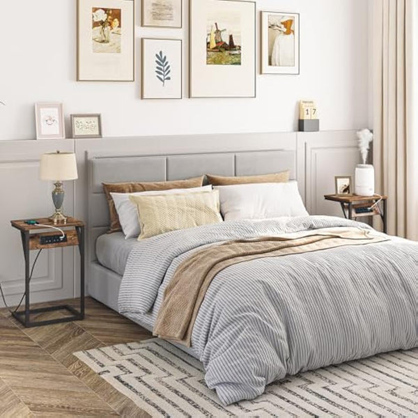 HOOBRO C Shaped Side Table, Sofa Side Table with Charging Station, 2 Plug Sockets and 2 USB Ports, Narrow Bedside Table for Small Spaces, Laptop Table for Sofa, Rustic Brown and Black EBF06KSF01