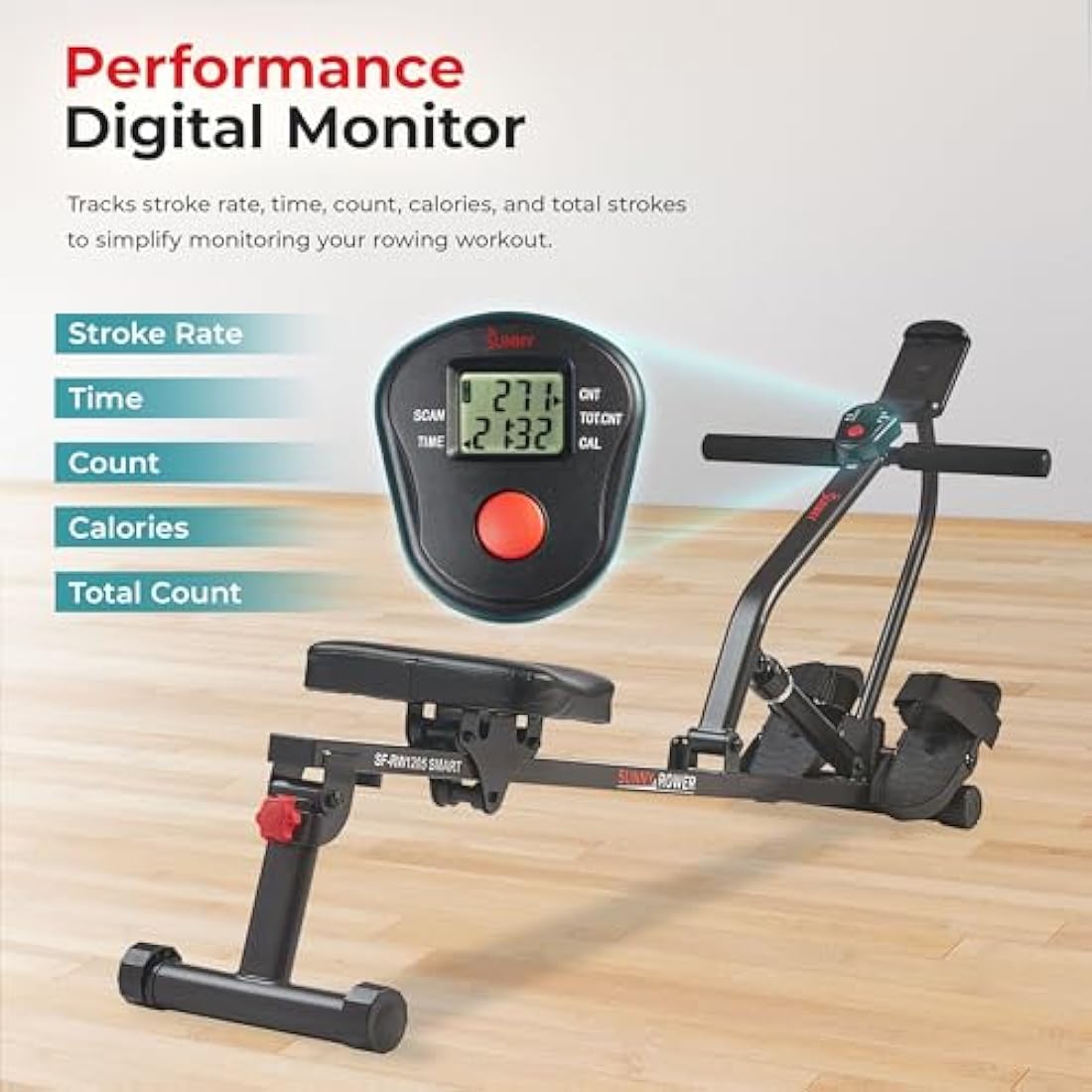 Sunny Health & Fitness Compact Adjustable Rowing Machine, Cardio Exercise Equipment with 12 Levels of Resistance for Complete Body Workouts and Optional Free SunnyFit App Enhanced Connectivity
