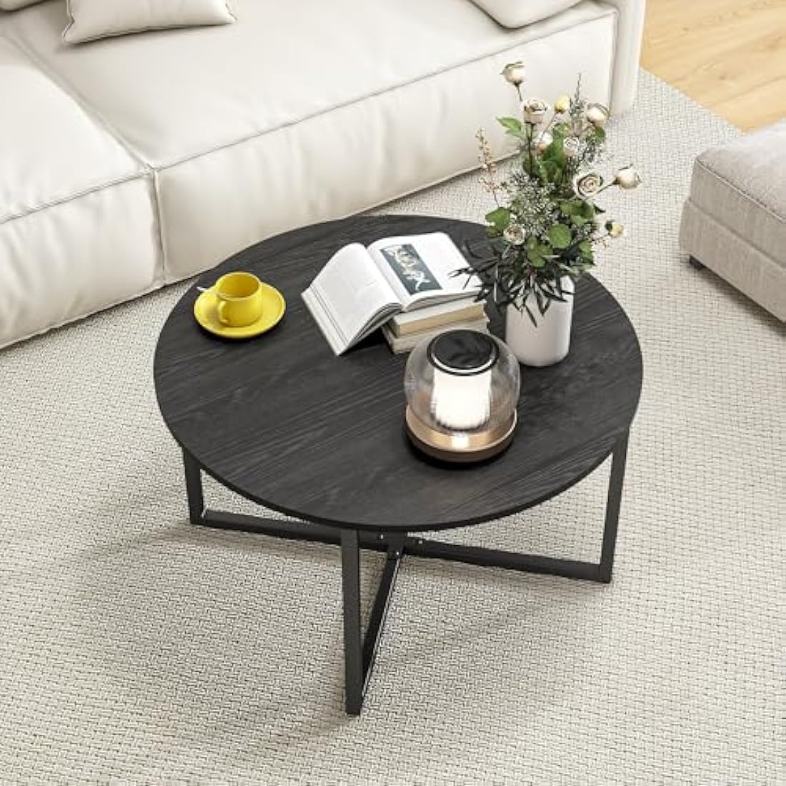 HOJINLINERO Round Coffee Table Tea Table End Table Sofa Table for Living Room with Metal Legs,Cocktail Table with Wood Look Accent Furniture,Easy To Assemble,Black