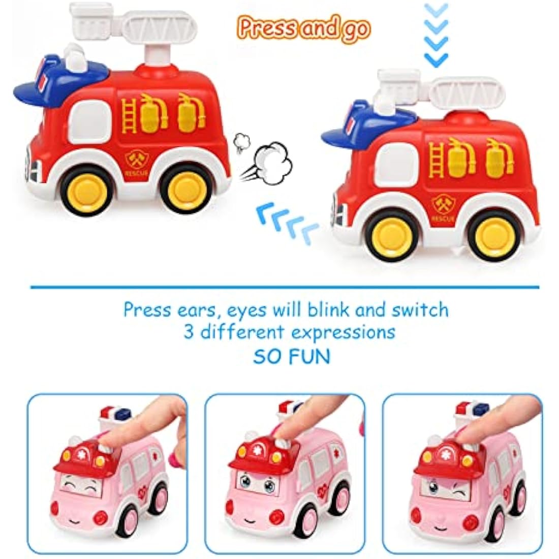 JoyPlus 4Pcs Baby Toy Cars, Press and Go Baby Toy Cars for 1 2 3 Year Old Toddlers, Cartoon Wind up Car Set, Car Toys Set Early Educational Toys Gifts for 1 2 3 Year Old Kids Boys Girls