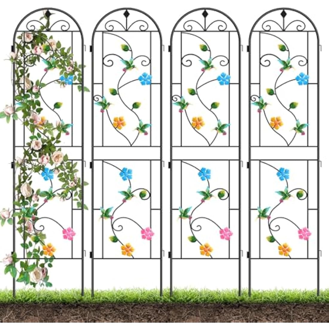2.2 M Garden Trellis for Climbing Plants, Kalolary 4 Pack Colorful Hummingbird Garden Climbing Trellises Frame Rustproof Metal Potted Plant Climbing Support for Backyard Outdoor Flower Vegetable Vines