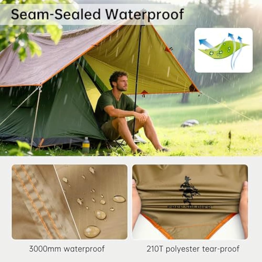 FREE SOLDIER Camping Tarp Waterproof 3m x 3.2m Large Hammock Tent Tarp Portable Tarpaulin Anti-UV Shelter Sun Block Sunshade Awning for Camping Hiking Traveling Outdoor Sports (Brown with Nails)