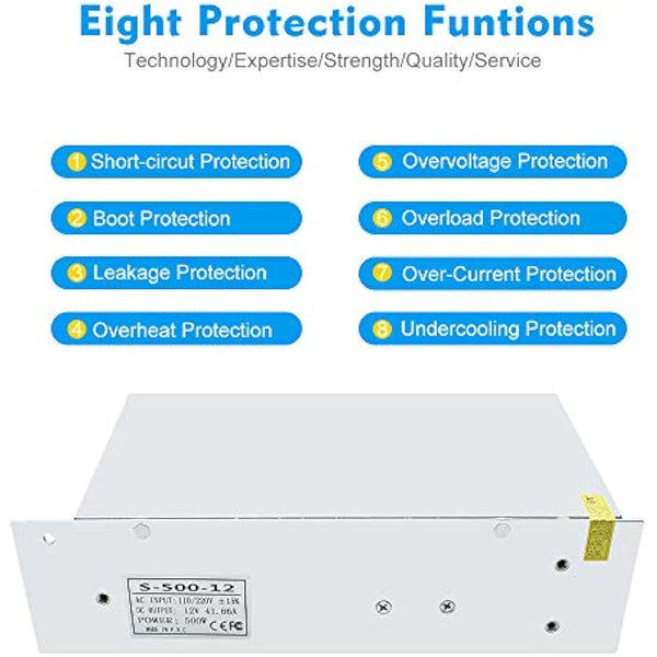 inShareplus 12V 41.7A 500W, DC Universal Regulated Switching Power Supply, 110/220V AC to DC 12 Volt LED Driver, Converter, Transformer for LED Strip Light, CCTV, Computer Project, 3D Printer