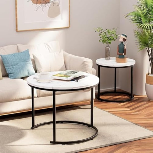 Huhote Round Coffee Tables, Set of 2 End Table, Nesting Tables, Side Table with Metal Frame for Living Room/Bedroom/Balcony/Office/Apartment, Diameter 23.6/15.7 IN (Black Frame, White Marble Top)