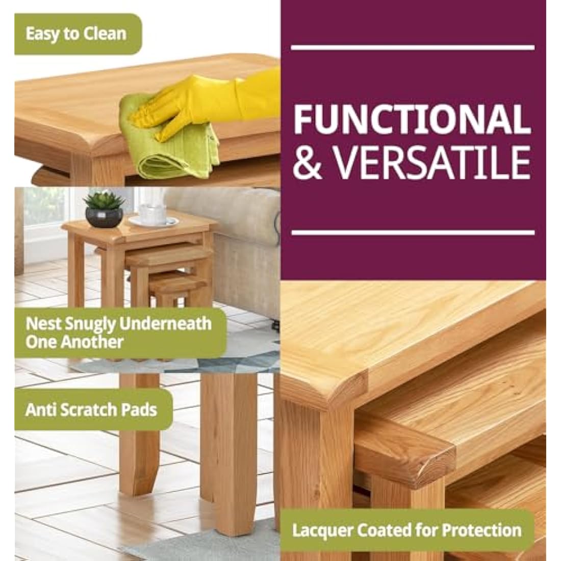 Hallowood Furniture Monchique Nest of Tables Set of 3, Multifunctional Wooden Nesting Side, Coffee Table for Small Spaces, Solid Oak Living Room Furniture, Fully Assembled