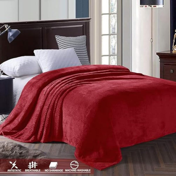 Exclusivo Mezcla King Size Fleece Bed Blanket, 230x265 CM Soft Jacquard Weave Waffle Pattern Blankets for Bed Settees, Burgundy