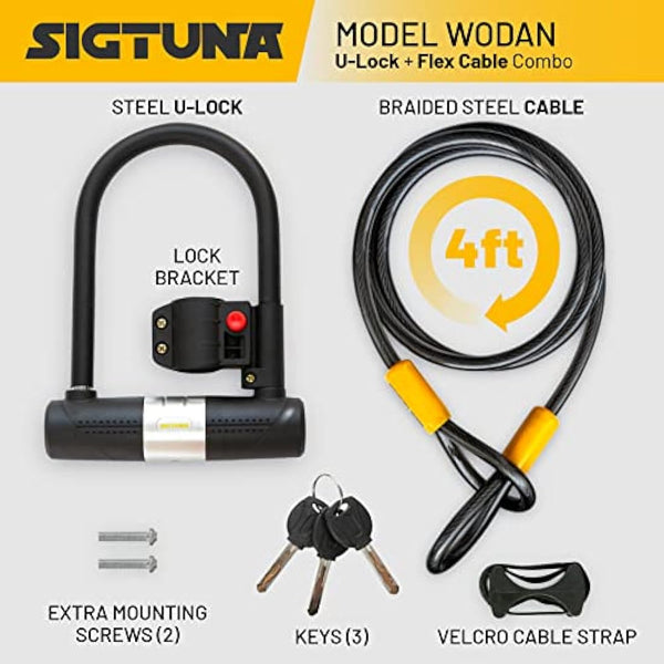 SIGTUNA Bike Lock - Heavy Duty Bicycle U Lock Shackle and Mount Holder, for Road Bike, Electric Bike, Folding Bike, Mountain Bike