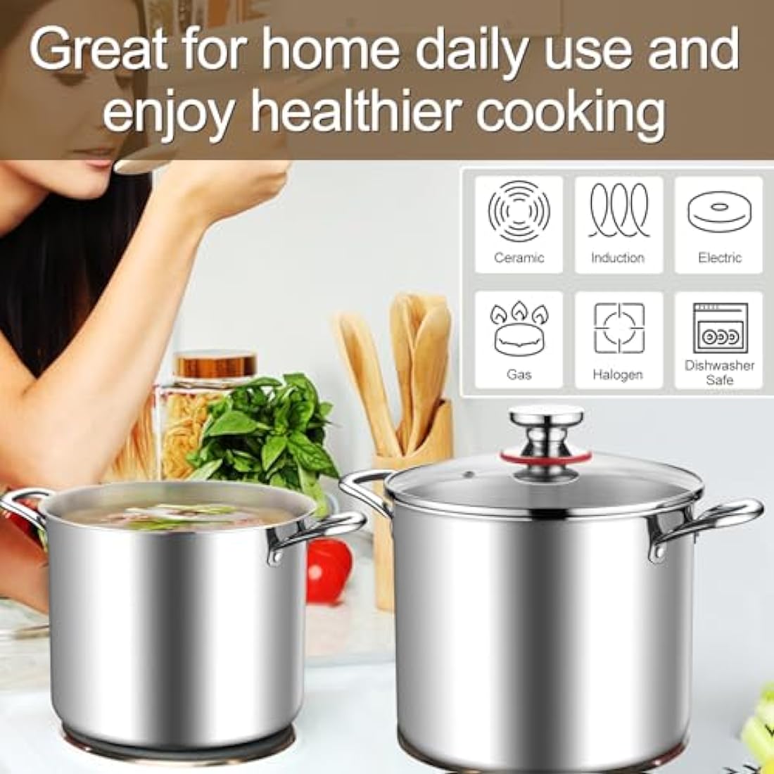 HaWare Large Stock Pot, 10L 25.5cm Tri-Ply Stainless Steel Soup Pot with Visible Lid for Pasta/Meat, Metal Cooking Induction Stockpot, Suit for All Kitchen Stove Top, Healthy & Non Toxic, Easy Clean