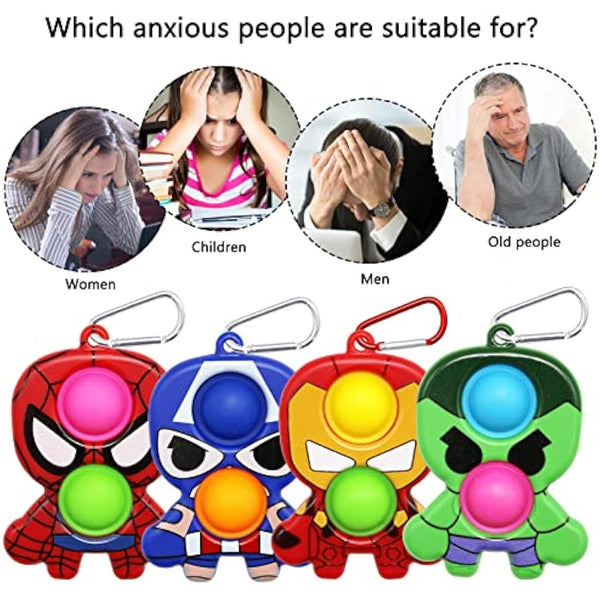 Hioph 4 Pcs Pop It Bubble Fidget Sensory Keyring, Stress and Anxiety Relief Handheld Cartoon Keychain, Cute Fidget Pendant, Silicone Key Charm Ornaments, Party Favour Gifts for Kids