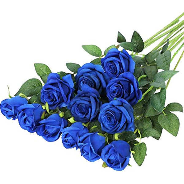 Hawesome 12PCS Artificial Roses Fake Flowers Single Long Stem Blooms With Rose Buds Wedding Decoration Bridal Bouquet Decorative Flower Arrangement Home Decoration Party Centerpieces in Blue
