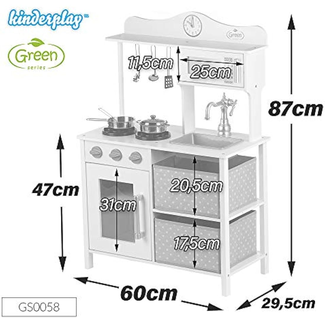Green Series Kinderplay Children's Kitchen – Children's Wooden Kitchen | Children's Kitchen 2 Years | Kitchen for Children 3 Years | Children's Kitchen 5 Years | Children's Kitchen Height 87 cm,