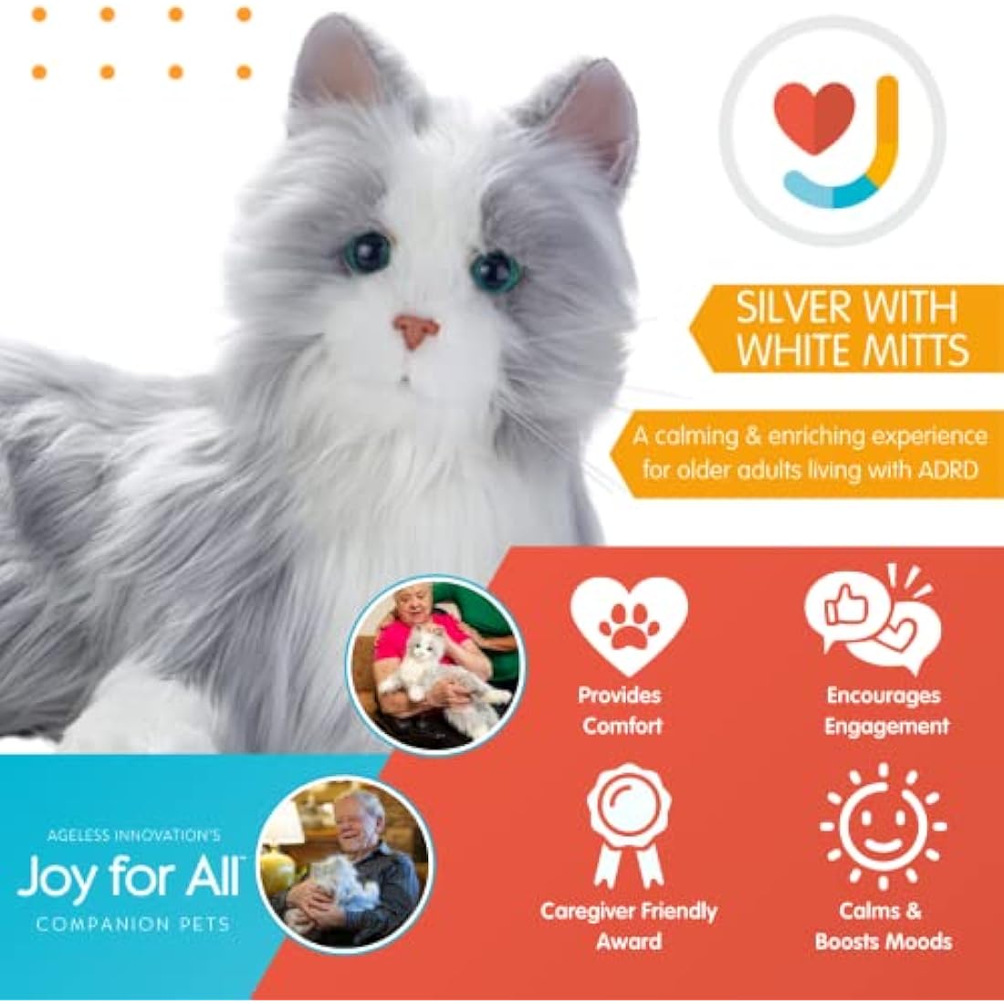 Ageless Innovation Joy For All Interactive Pet Cat - Lifelike & Realistic Companion with Soft Fur and Soothing Purrs, No Assembly Required - Silver With White Mitts