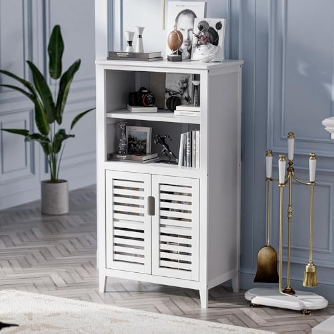 HITNET Bathroom Floor Storage Cabinet, Bamboo Freestanding Kitchen Organizer Rack with Double Doors and 2 Removable Shelves, White