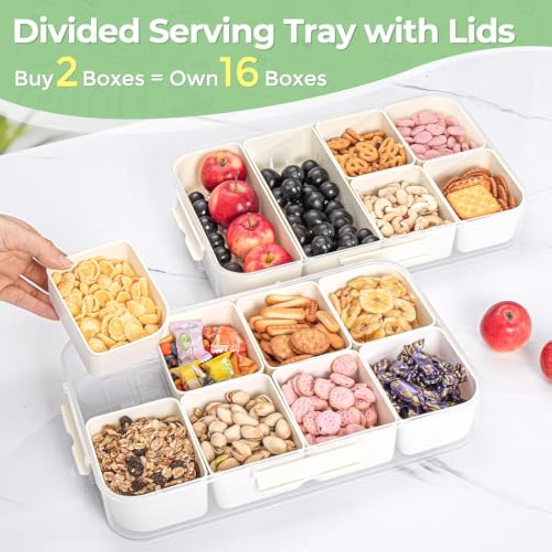 Luxear 2P Divided Snack Box with Lid Handle, Divided Snack Serving Tray Removable Compartment, Food Storage Container Organiser for Snackle Box Appetizers Charcuterie Container