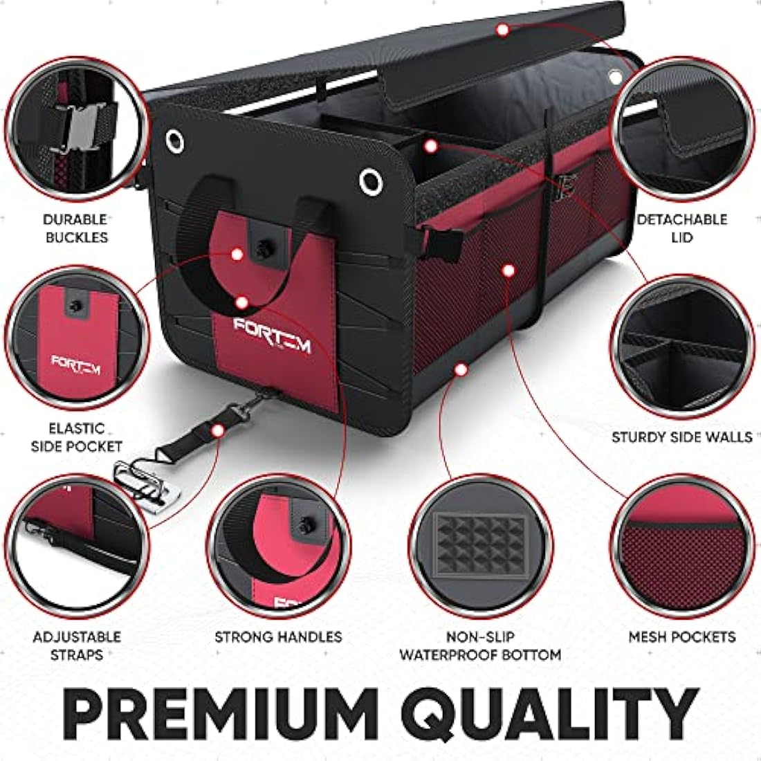 FORTEM Car Boot Organiser, Car Boot Tidy, Car Boot Storage, Collapsible Multi Compartment Car Organiser, Non Slip Bottom, Adjustable Securing Straps, Soft Cover (2 Compartments, Red)
