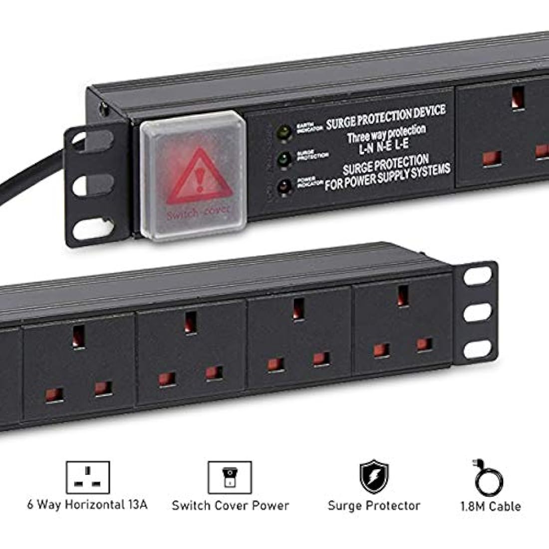 Dynamode 6 Way PDU Extension Lead- 13A Multi Plug Switched Power Distribution Unit (PDU) Rack Mount Charging Station with 1.8 M Cable for Home Office 19 Inch PDU Server Cabinet with Surge Protection