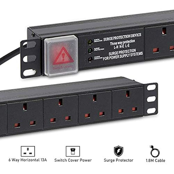 Dynamode 6 Way PDU Extension Lead- 13A Multi Plug Switched Power Distribution Unit (PDU) Rack Mount Charging Station with 1.8 M Cable for Home Office 19 Inch PDU Server Cabinet with Surge Protection