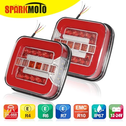 SPARKMOTO LED Trailer Rear Lights - Waterproof, 12V/24V Universal, 4 Functions With License Plate Light, IP67 Submersible
