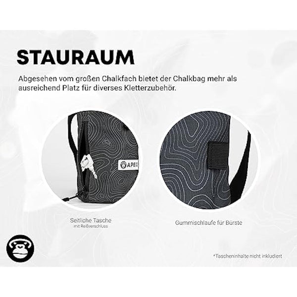 APE13® Chalk Bag zum Klettern und Bouldern (als Set & Einzeln) - inkl. Gurtband, Tasche, Halter für Bürste - Boulder Beutel für Magnesium - Kletter Chalkbag groß für Kalk/Kreide/Magnesia