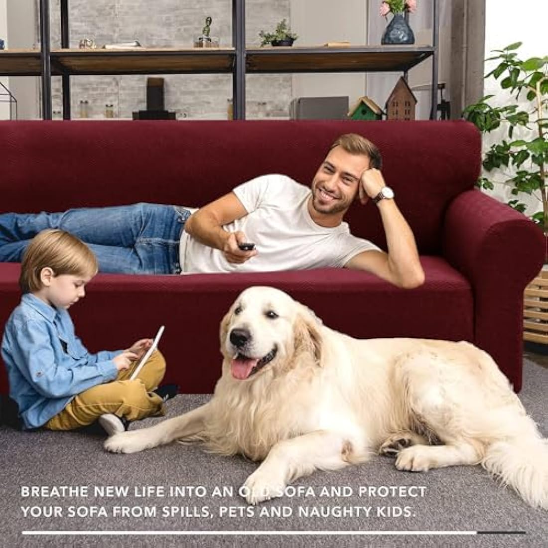 XINEAGE High Stretch Sofa Covers 3 Seater Latest Jacquard 1 Piece Sofa Slipcovers Living Room Universal Couch Covers for Dogs Pet Non Slip Sofa Furniture Protector Washable (3 Seater, Wine Red)