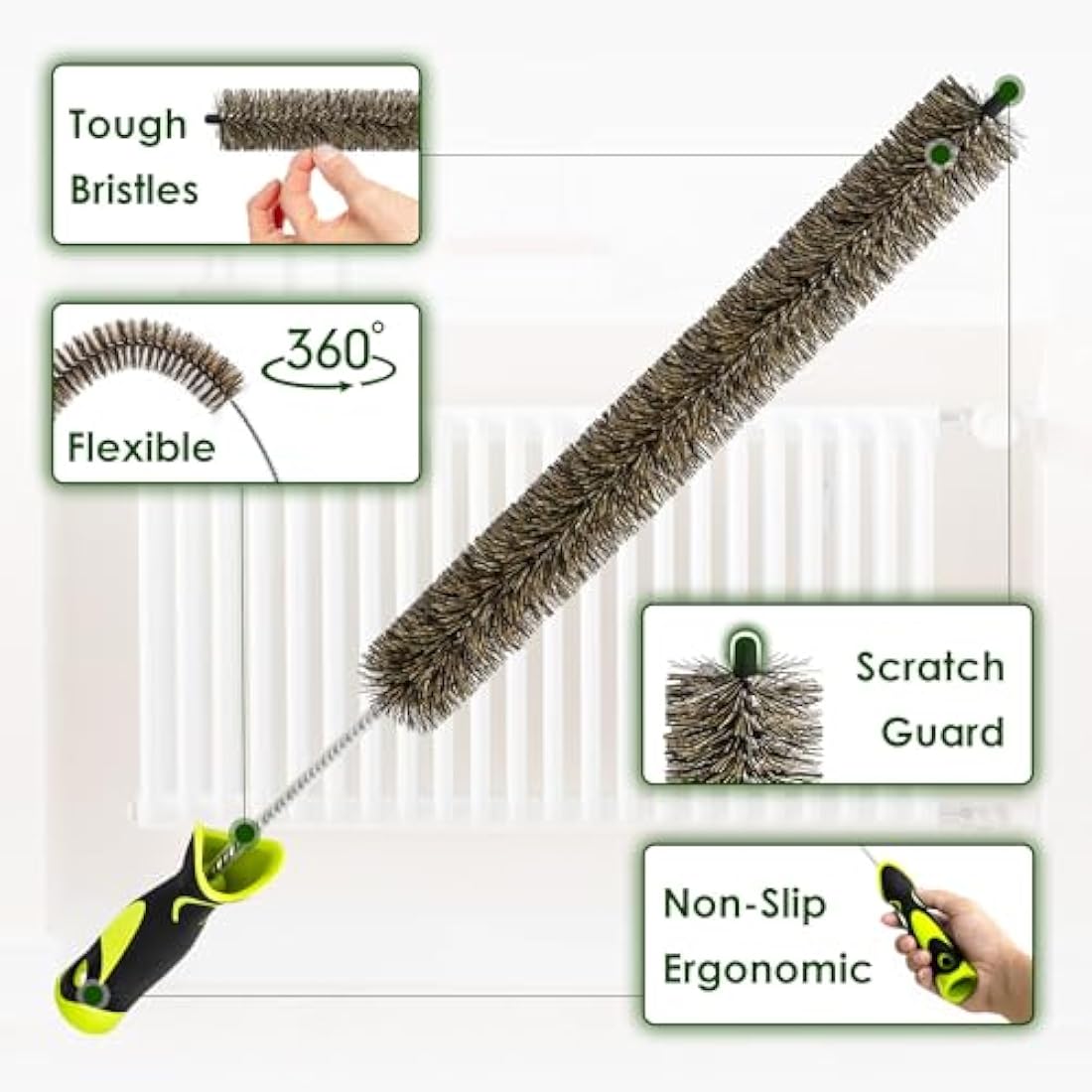 Radiator Cleaner Brush Thin Long 81cm Boar Bristles, Radiator Duster Brush Long Thin Bendable Flexible with Easy Grip Handle, Radiator Brushes for Cleaning Dust Inside Vanes and Backside