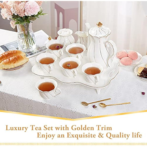 DUJUST 14 pcs Tea Set of 6 with Tea Tray & Spoons, Luxury British Style Tea/Coffee Cup Set with Golden Trim, Porcelain Tea Set for Living Room Decor, Tea Party Set, Gift Package - White