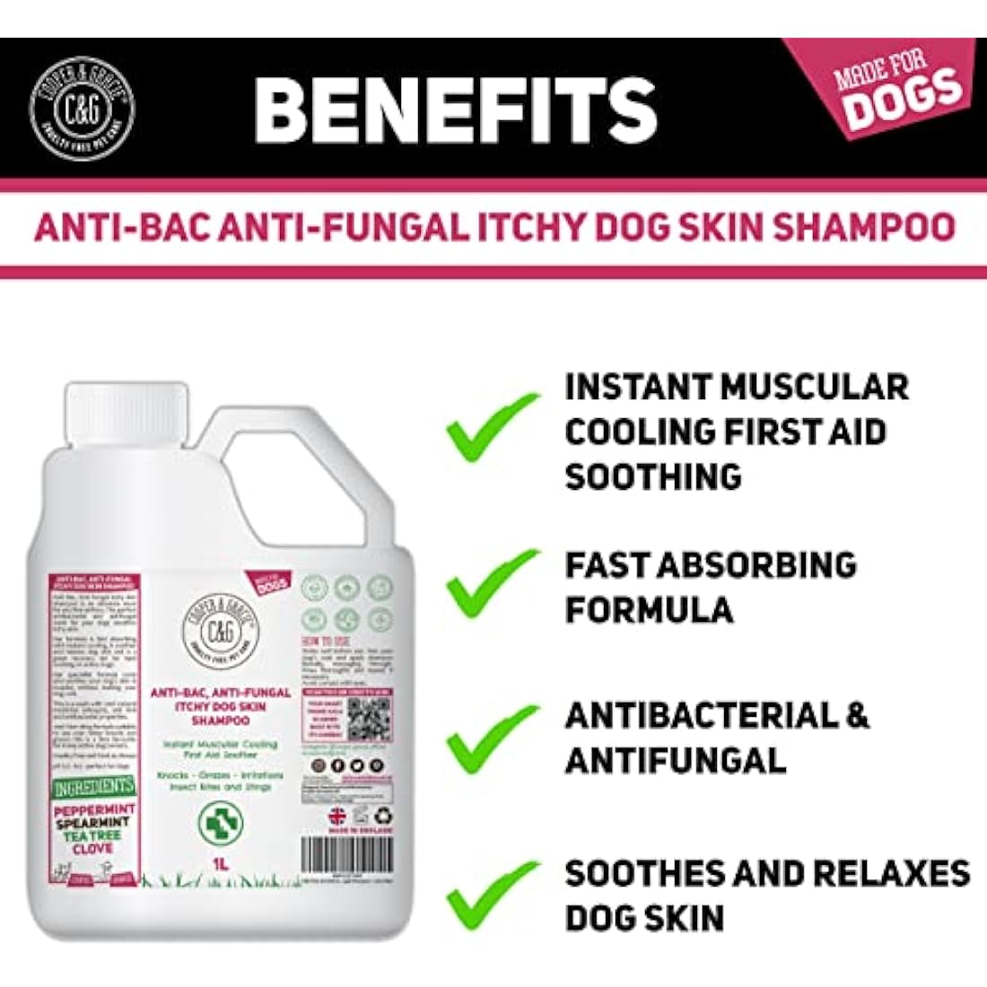 Dog Shampoo For Itchy Skin Antibacterial And Antifungal | Natural Medicated Low Lather Safe Formula | Fast Absorbing and Skin Cooling First Aid | Great For Cuts Grazes Skin Irritation