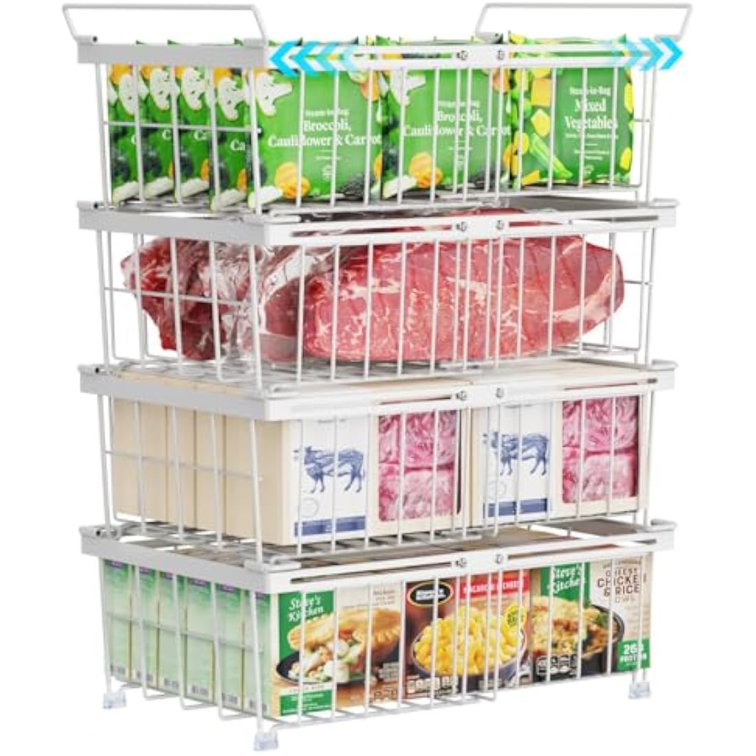 iSPECLE Chest Freezer Baskets - Expandable Fit 283 to 566L Deep Freezer, 4 Pack Large Stackable Wire Basket Add Space Easily Get Frozen Foods with Handles, Allow Air Circulation, White