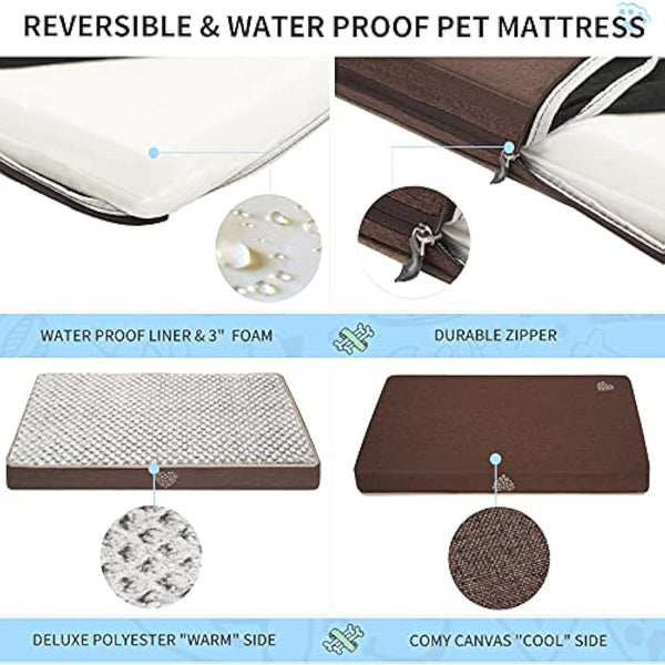 VANKEAN Waterproof Reversible Dog Bed Mat With Removable Machine Washable Cover, Mattress for Crate, Pad for Small to Large Dogs, Navy/Grey