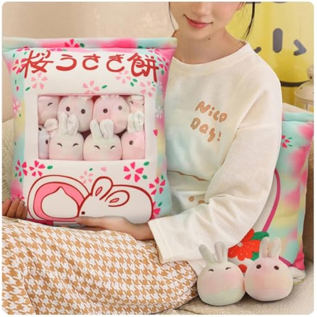 HXPLN Cute Snack Pillow Bunny Plush Pillow, Kawaii Rabbit Pudding Pillow with Bunny Dolls, Removable Stuffed Animal Toys Creative Gift for Kids, Girls, Boys (6 Colorful Bunnies)