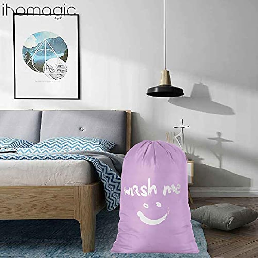 IHOMAGIC Extra Large Laundry Bag with Drawstring, Jumbo Size Washing Bag - Foldable Clothes Bag, Smile Durable Fabric Polyester Storage Bag for College Dorm Hotel Gym 61x92cm Purple
