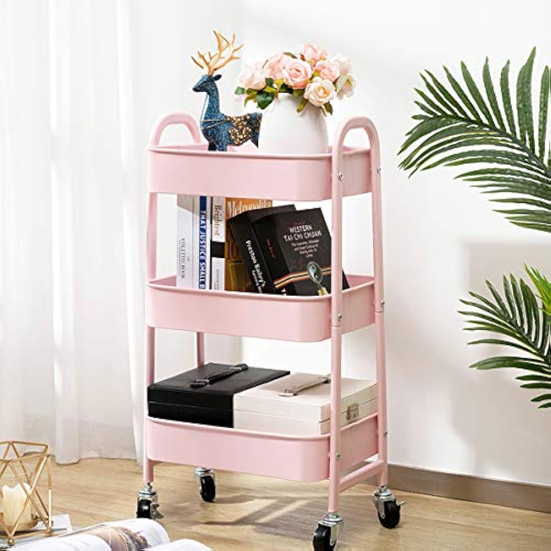 DOEWORKS Storage Cart 3 Tier Trolley Kitchen & Beauty Trolley Metal Rolling Storage Organizer Cart on Wheels for Bedroom, Makeup, Bathroom, Office, Light Pink