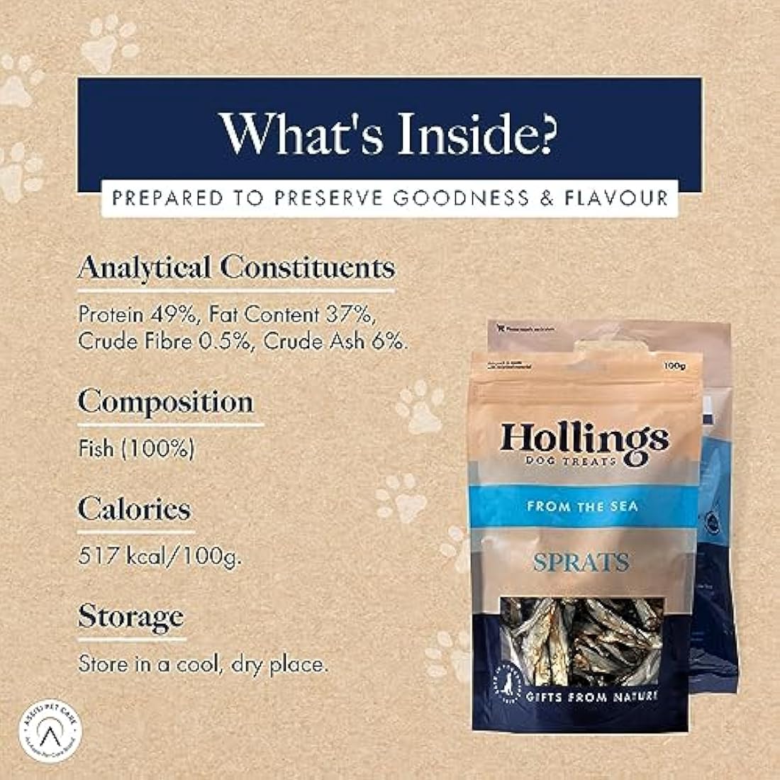Hollings Sprats Dog Treats, 100% Natural with Fresh Fish Air Dried Treats for Dogs, Hypoallergenic and Grain Free 100g (Pack of 10)