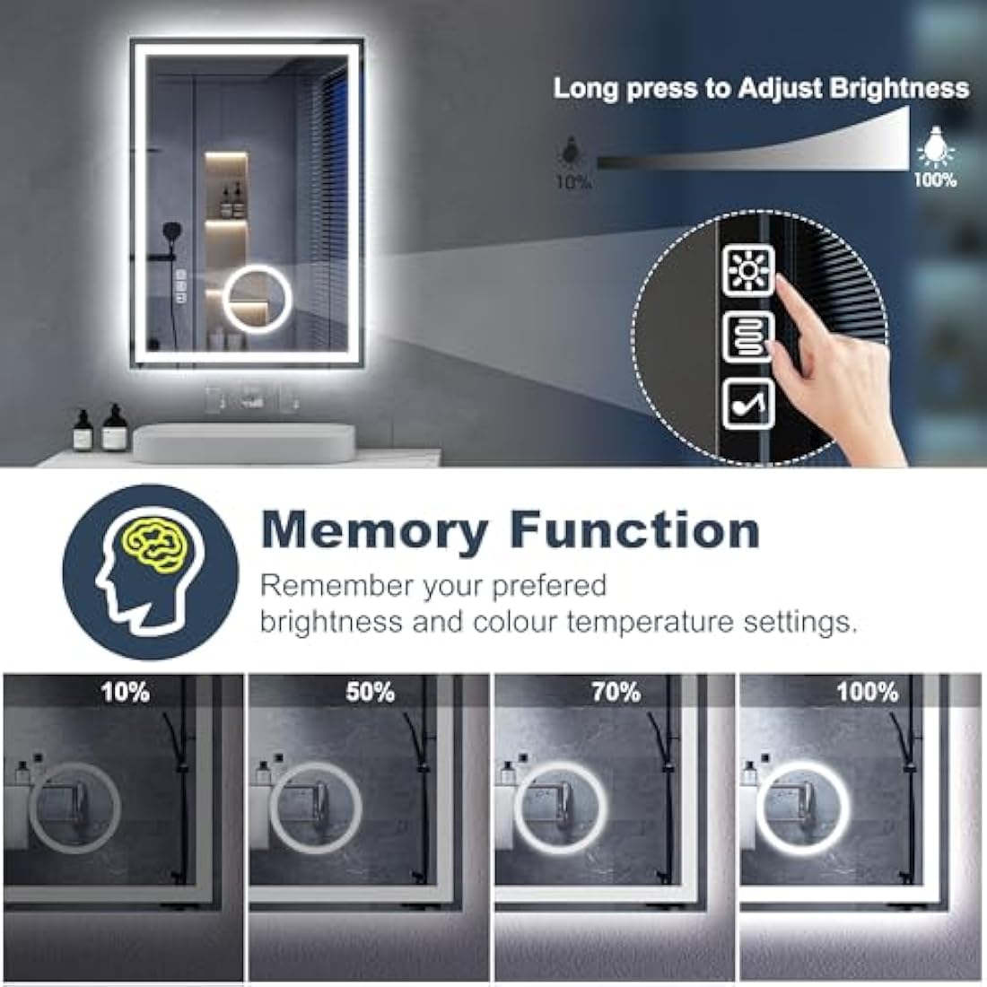 S'bagno Bluetooth Bathroom Mirror with LED Lights 80x60cm, LED Mirror Bathroom with 5x Magnifier, Anti-Fog, 3000-6500K, Dimmable, Memory, HD Tempered Glass, IP44 Waterproof, Horizontal/Vertical