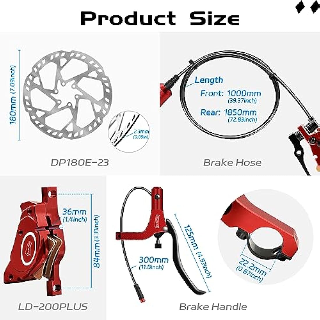 DYISLAND E-Bike Hydraulic Disc Brake Set 4-Pistons/2-Pistons, 2-PIN/3-PIN Pre-Bled with Mineral Oil Brakes Kit，Front and Rear Set，with 180mm 2.3mm Thick Rotors