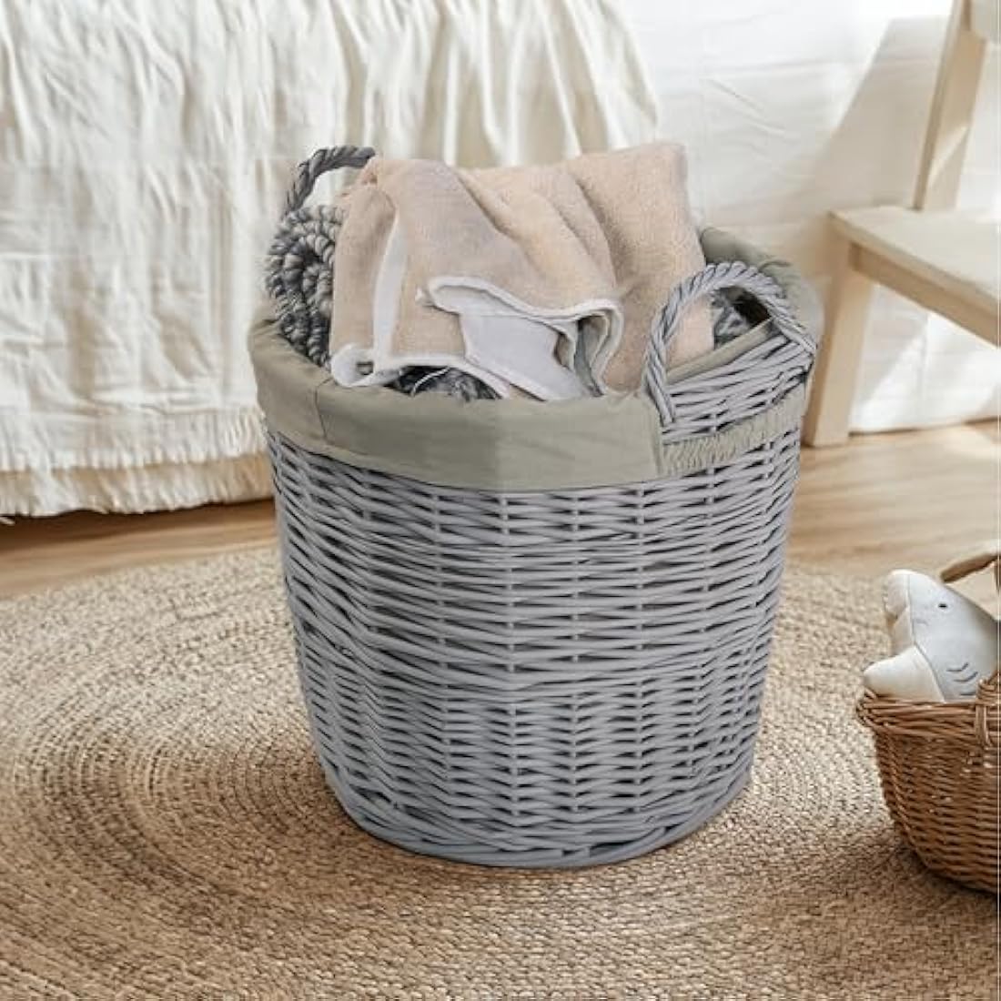 Home Storage Grey Painted Round Wicker Basket Laundry Toys Baby Nursery Collection Box (Medium)