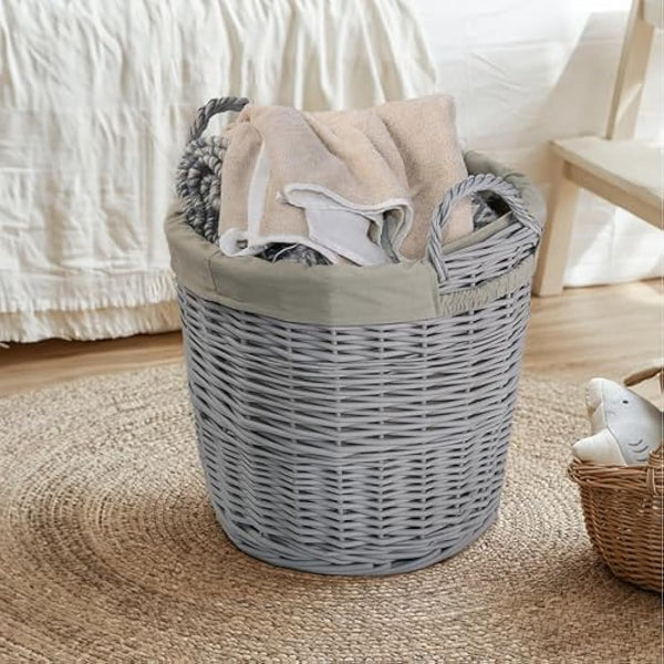 Home Storage Grey Painted Round Wicker Basket Laundry Toys Baby Nursery Collection Box (Medium)