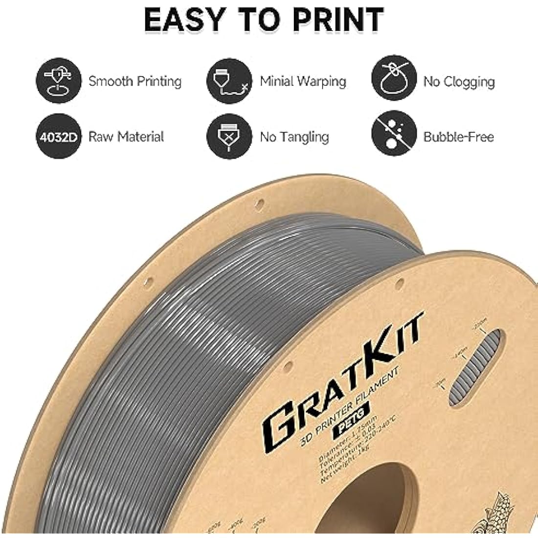 GratKit PETG Filament 1.75mm Gray 6KG Bundle,3D Printer Filament PETG,Accuracy +/- 0.03mm,Fit Most 3D FDM Printers (6 Packs of 1KG Spools Gray)
