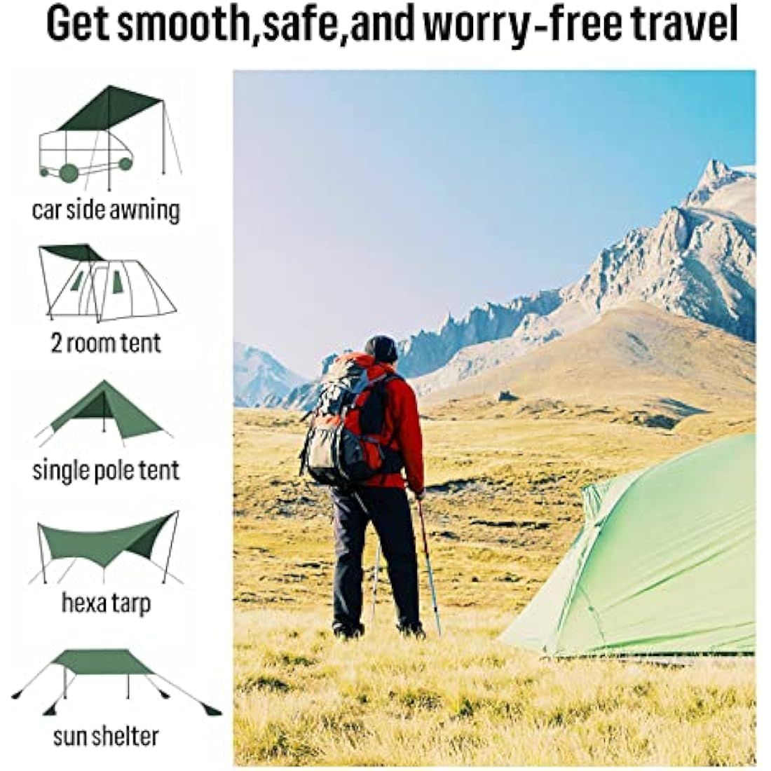 KOMCLUB Tarp Poles Adjustable Tent Pole Upgrade Thickened Stainless Steel Camping Tarp Pole for Outdoor Canopy Awning Rain Shelter