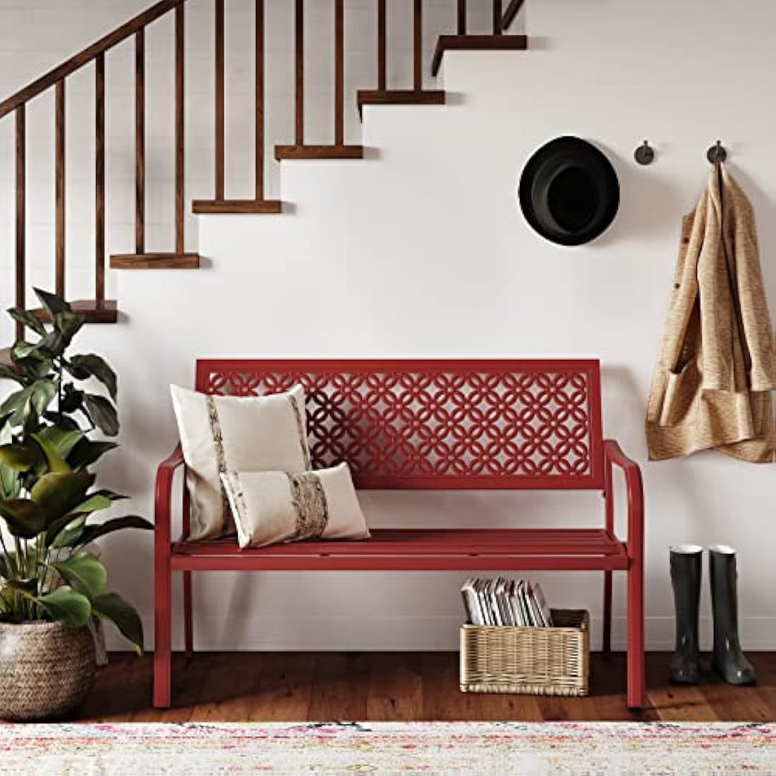 Grand patio Garden Bench, Outdoor Bench with 2-3 Seater, Rust Resistant, Stamped Pattern, Choice of Colours, Suitable for Indoor, Outdoor, Patio, Park (Bossa Nova Red)