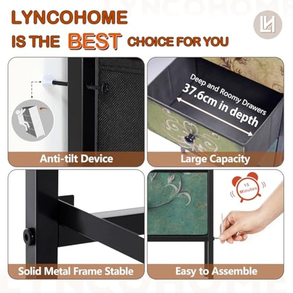 LYNCOHOME Bedside Tables Set of 2,Nightstand with 3 Drawers,Fabric Storage Cabinet Drawers,Furniture Sets for Bedroom,LivingRoom,Nursery,2 Pack