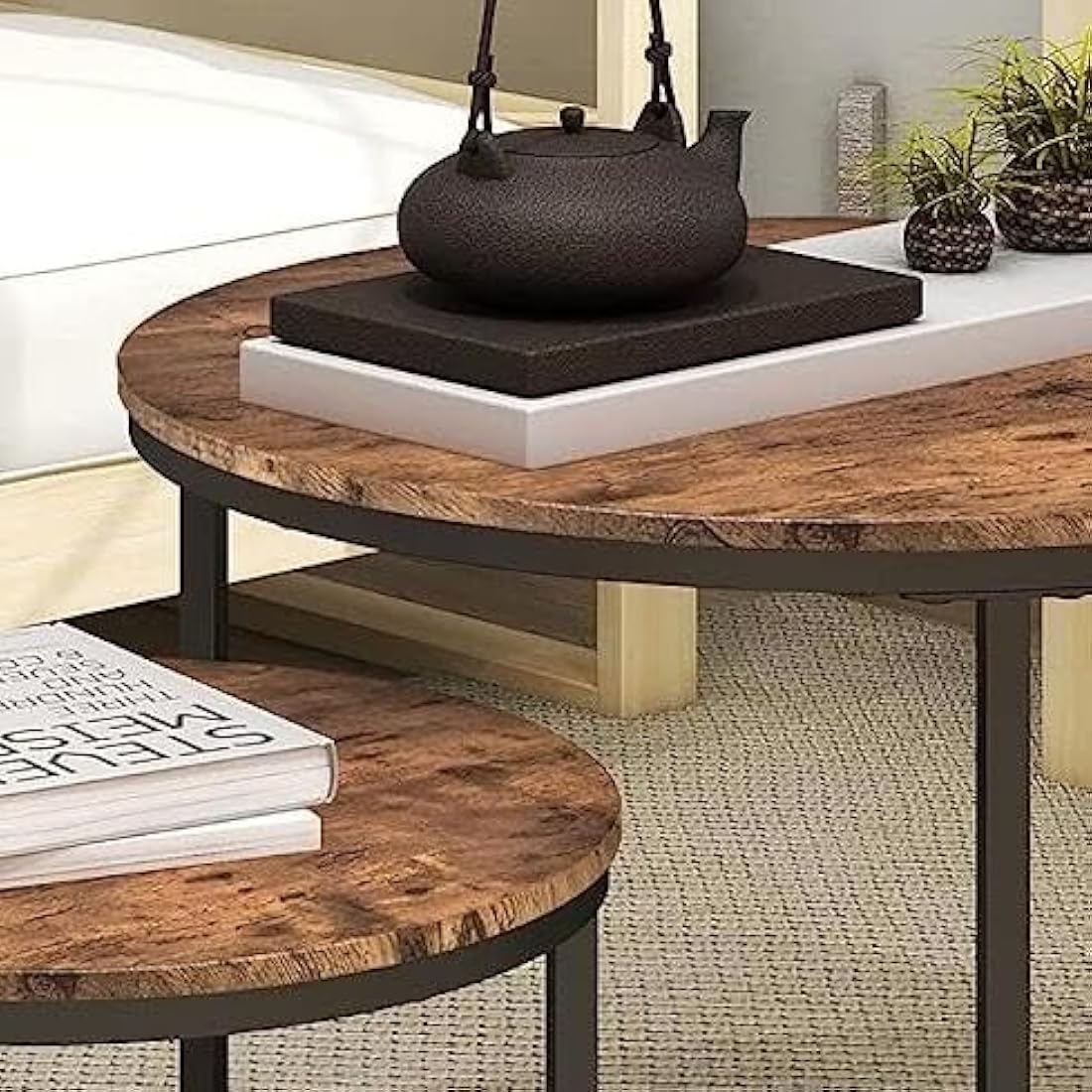 DUMEE Round Coffee Table, Set of 2 Side Table Nesting Table with Steel Frame and Wooden Top, for Living Room, Bedroom, Balcony, (Rustic Brown/Black, Dia 60/40cm)