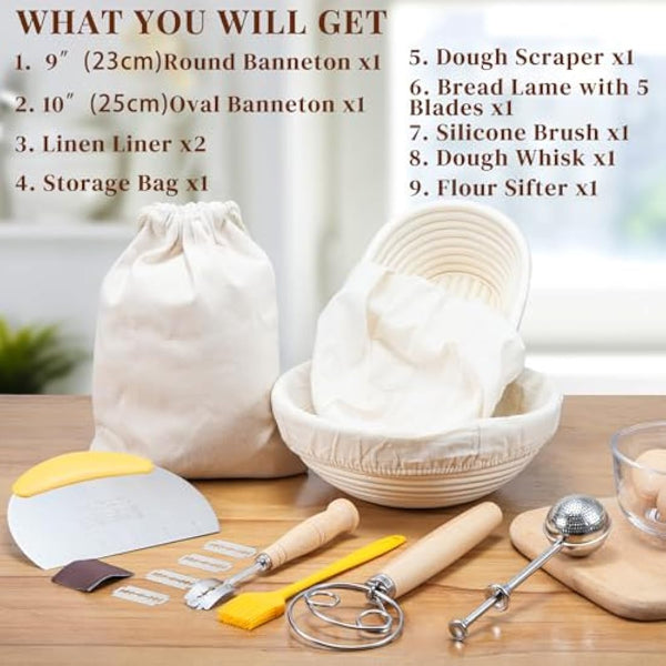 Sopito Sourdough Starter Kit, 9" Round & 10" Oval Banneton Proofing Basket Set with Bread Lame, Dough Whisk, Cloth Liners & Storage Bag, Bakery-Grade Sourdough Prooving Basket