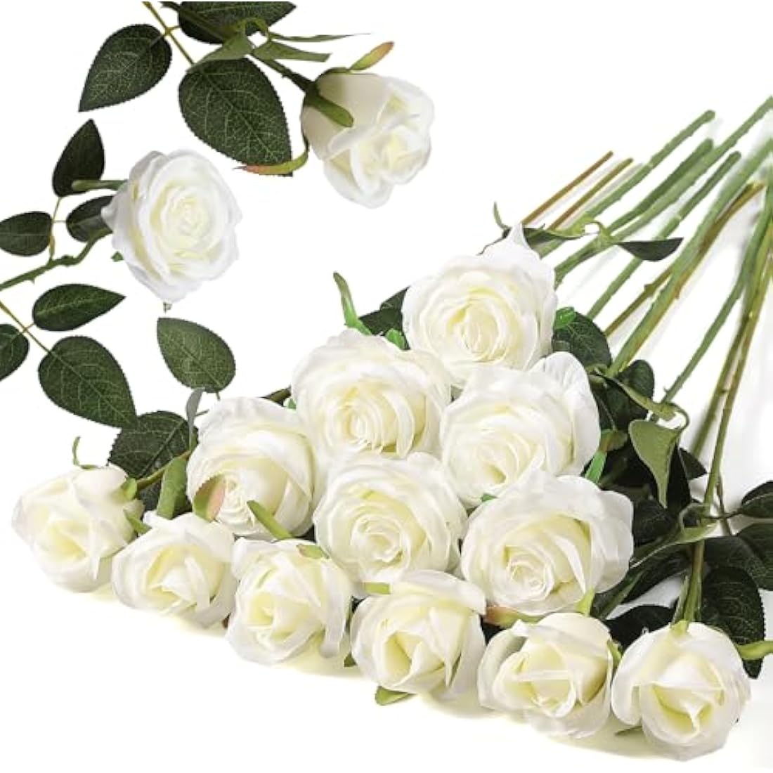 Hawesome 12PCS Artificial Roses Fake Flowers Single Long Stem Blooms with Rose Buds Wedding Decoration Bridal Bouquet Decorative Flower Arrangement Home Decoration Party Centerpieces in Cream White