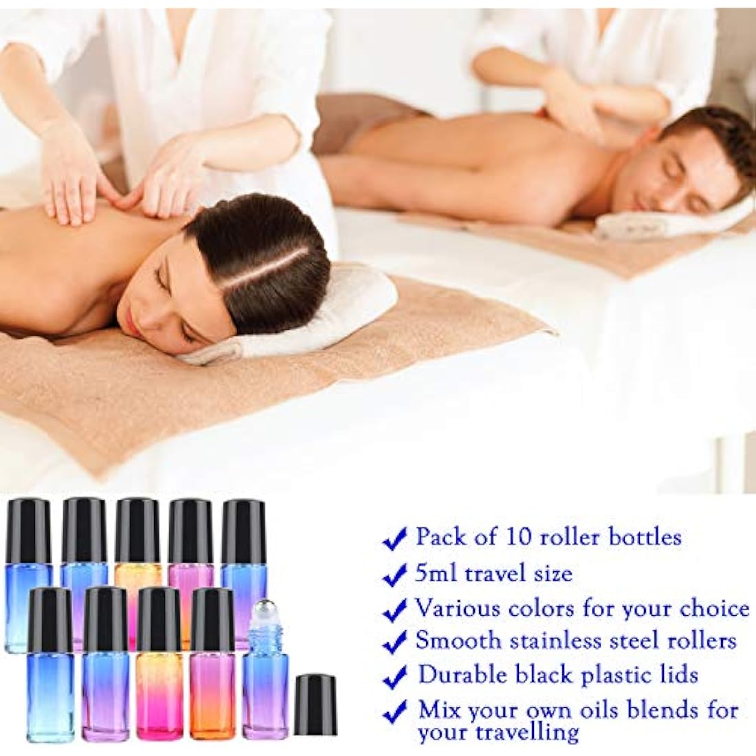 JamHooDirect 10Pcs, 5Ml Essential Oil Roll on Bottles Refillable Rainbow Glass Roller Bottles with Stainless Steel Roller Balls & Black Caps & Bottle Opener, Perfect for Aromatherapy, Fragrance